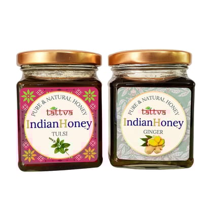 IndianHoney Warming & Anti-Inflammatory Ginger Infused Honey & Ayurvedic & Stress-Relief Tulsi Infused Honey Combo Pack (230gm & 230gm)