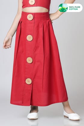 Girls Classic Midi Big Button Cotton Skirt-1 Year / Cherry Red / KBT0050-F-PLCF025-1 MTR-NIL-NIL-EL003-8 INCH-THR013-FS002-NIL-BT0090-4-NIL-NIL