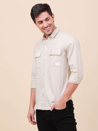 Beige Solid Double Pocket Full-Sleeve Shirt-M