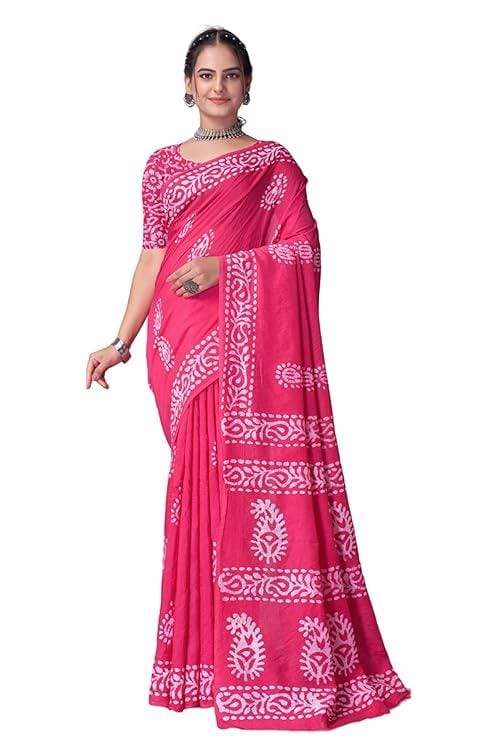 HMP Fashion Women Chanderi Cotton Batik Print Pure Bandhani Design Saree with Blouse Piece