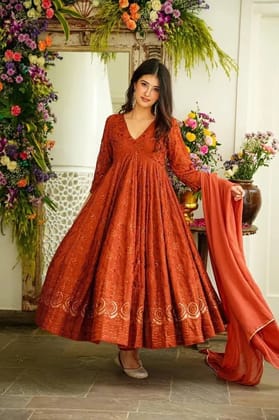 Faux Georgette Embroidery work Alia Cut Suit Set-Brown / S (36)