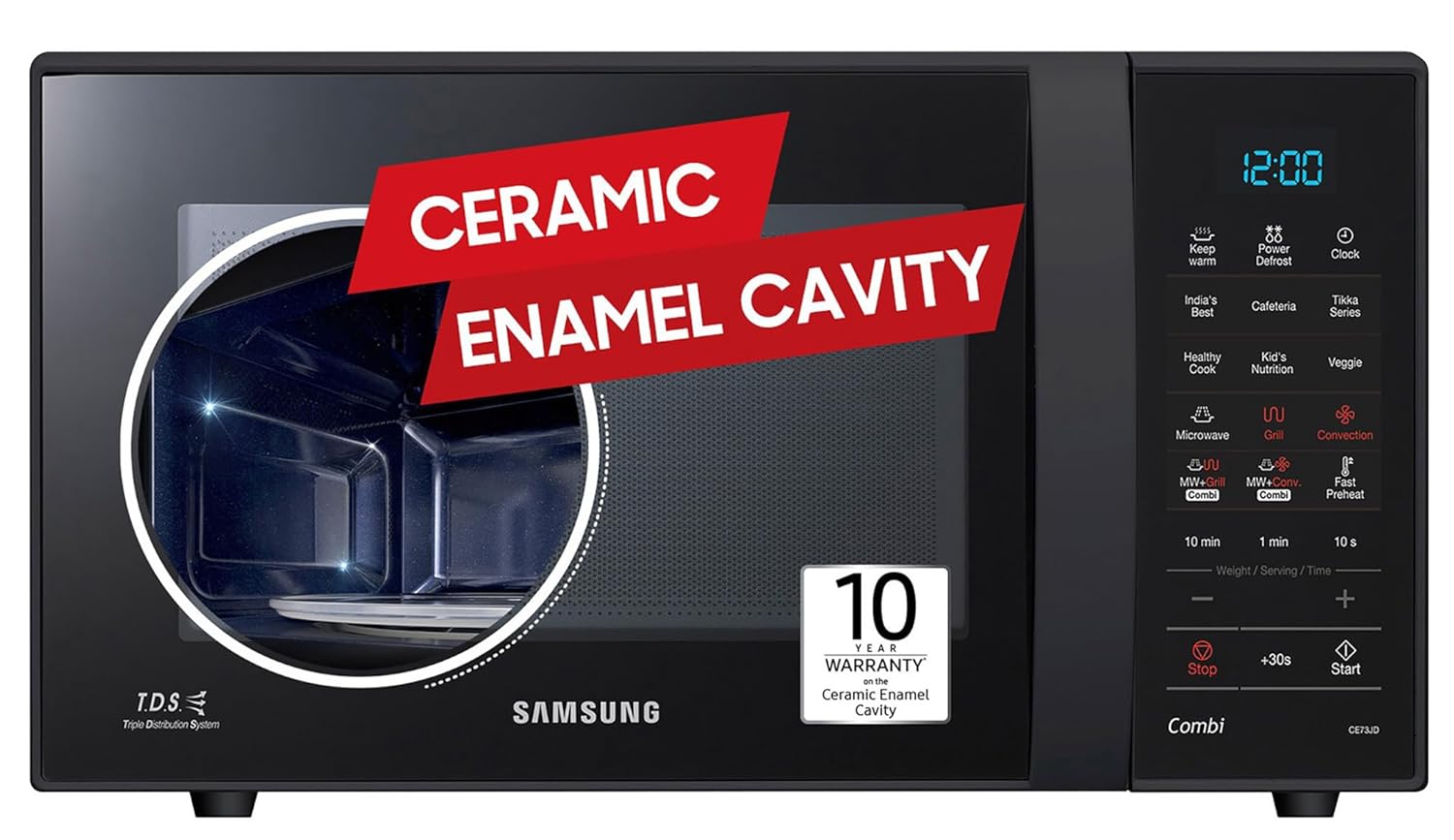 Samsung 21 L, Convection Microwave Oven (CE73JD-B1/XTL, Black, Various Cooking Modes, Pre heat, Eco Mode, Power Defrost, Auto Cook, Wire Rack, Ceramic Enamel Cavity with 10 year warranty) Samsung 21 L, Convection Microwave Oven (CE73JD-B1/XTL, Black, Var