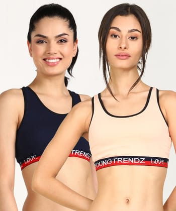 Womens Non Padded  Love Elastic Combo Sports Bra-30 / Navy Peach