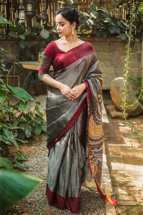 Glowing Grey Color Party wear Linen Digital Printed Sari 1256