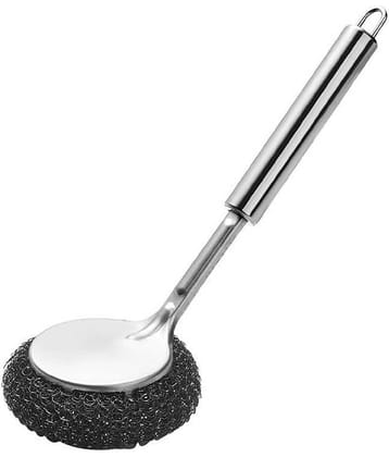 Dish Scrubber Brush, ‎Stainless Steel Scrubber with Long Wool Handle for Dishes Cookware Cleaning, Steel Sponge Ball Brush