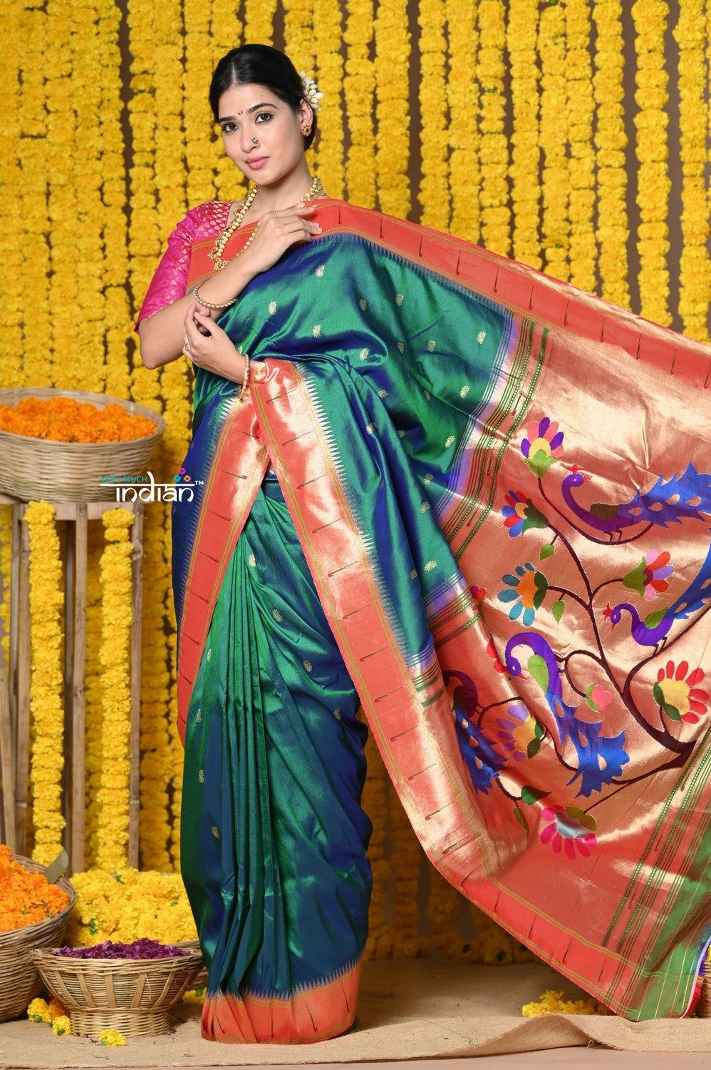 Rajsi~ Handloom Pure Silk Muniya Border Saree with Handcrafted Peacock Pallu in Dual Tone Green