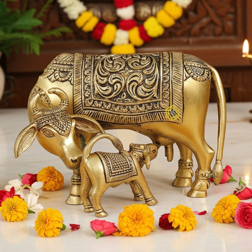 Brass Cow & Calf Idol - Devotional Temple Statue, Height : 4.5 Inch (BSMAS1771 E)