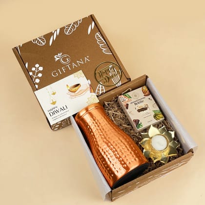 Festive Diwali Gift Hamper - Copper Pot, Diya, Brownie & Card