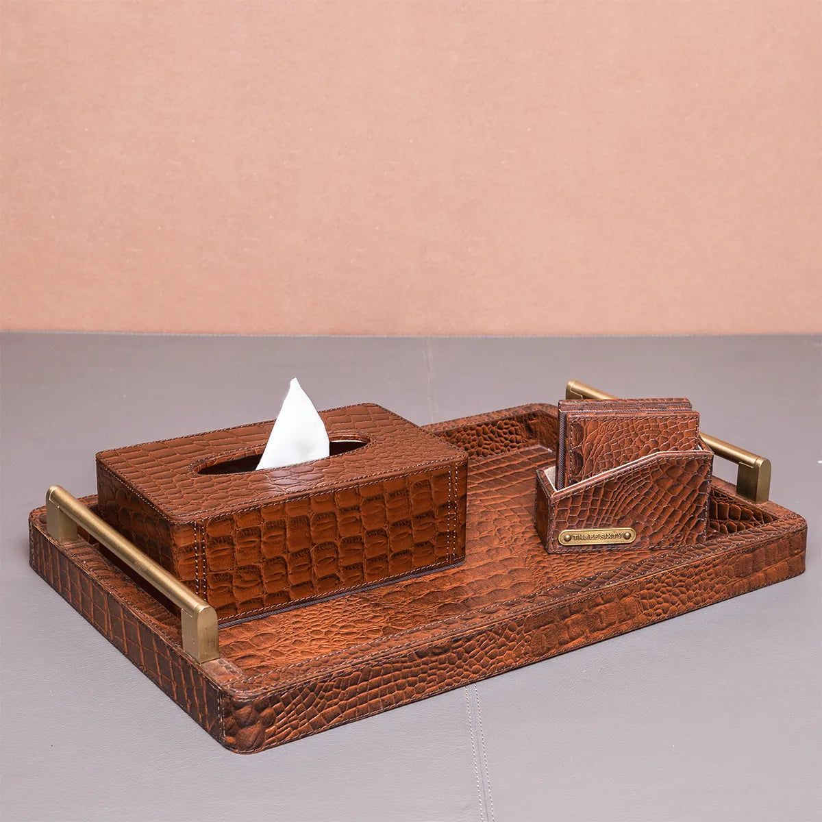 Eden Tray Set with Tissue Box & Coasters Tan-Tan