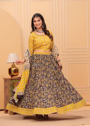Festive Fusion Blockprinted Black & Yellow Lehanga Choli Set-S (36)