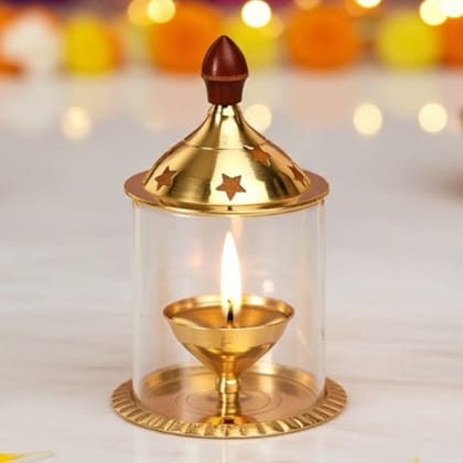 Brass Table Decor Oil Lamp Deepak With Chimney  - Elegant Deepak for Temple Lighting, Height : 5.8 Inch (ZMAS014/6)