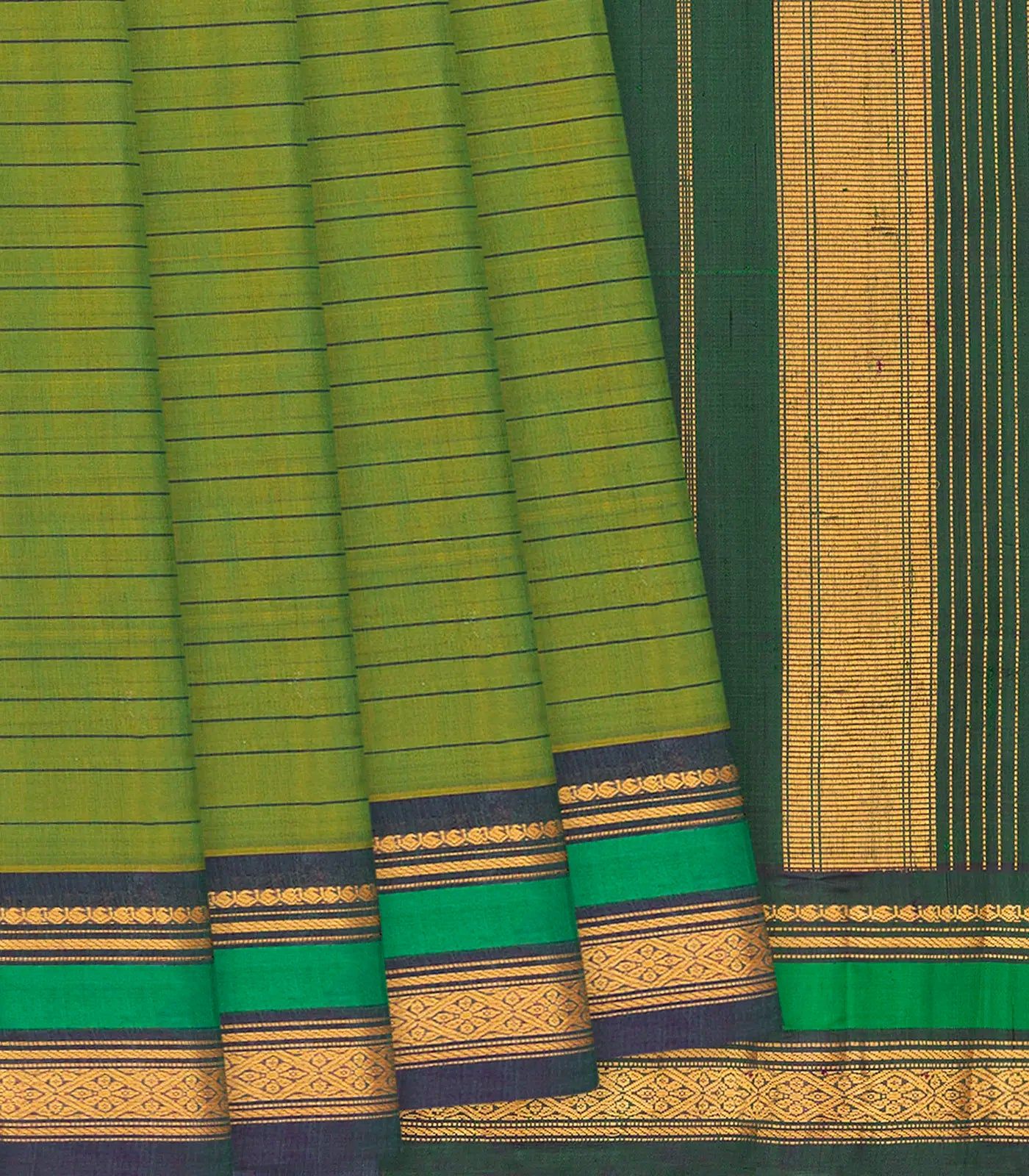 Green Handloom Gadwal Cotton Saree With Stripes-Green-GREEN