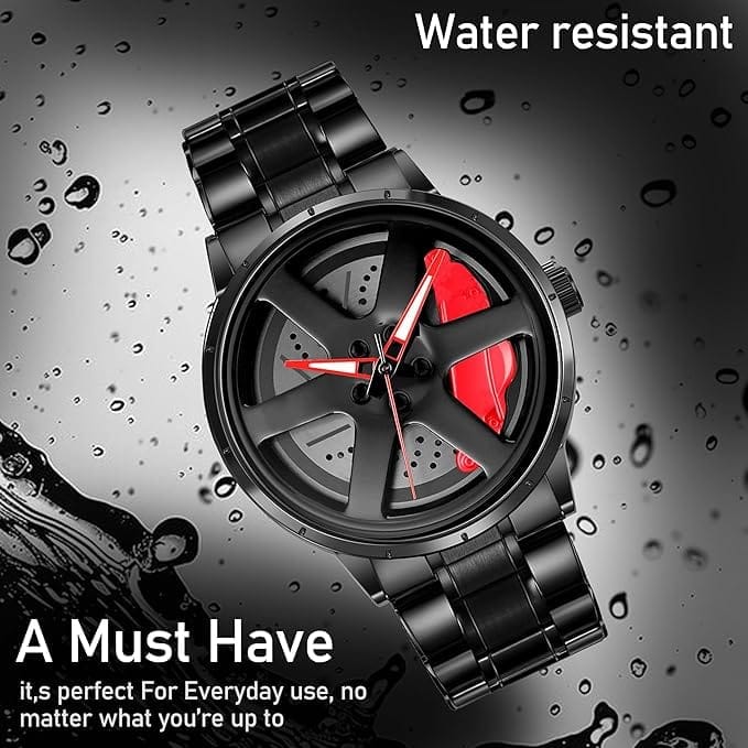 Men's Car Wheel Watch with Spinning Car Rim Hub Design|| Analog Stainless Steel || Quartz Movement|| Water Resistant, Scratch Resistant