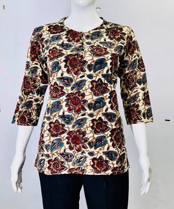 Beige red kalamkari handblock printed cotton top