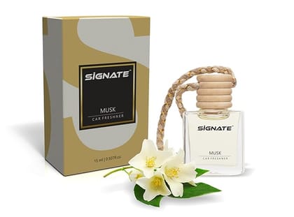 Signate Car Perfume with Natural Fragrance Essential Oils | Car Air Fresheners Long Lasting Upto 90 Days | Hanging Pod in Glass Bottle with Wooden Diffuser Lid 15ml (Musk) Signate Car Perfume with Natural Fragrance Essential Oils | Car Air Fresheners Long Lasting Upto 90 Days | Hanging Pod in Glass Bottle with Wooden Diffuser Lid 15ml (Musk)