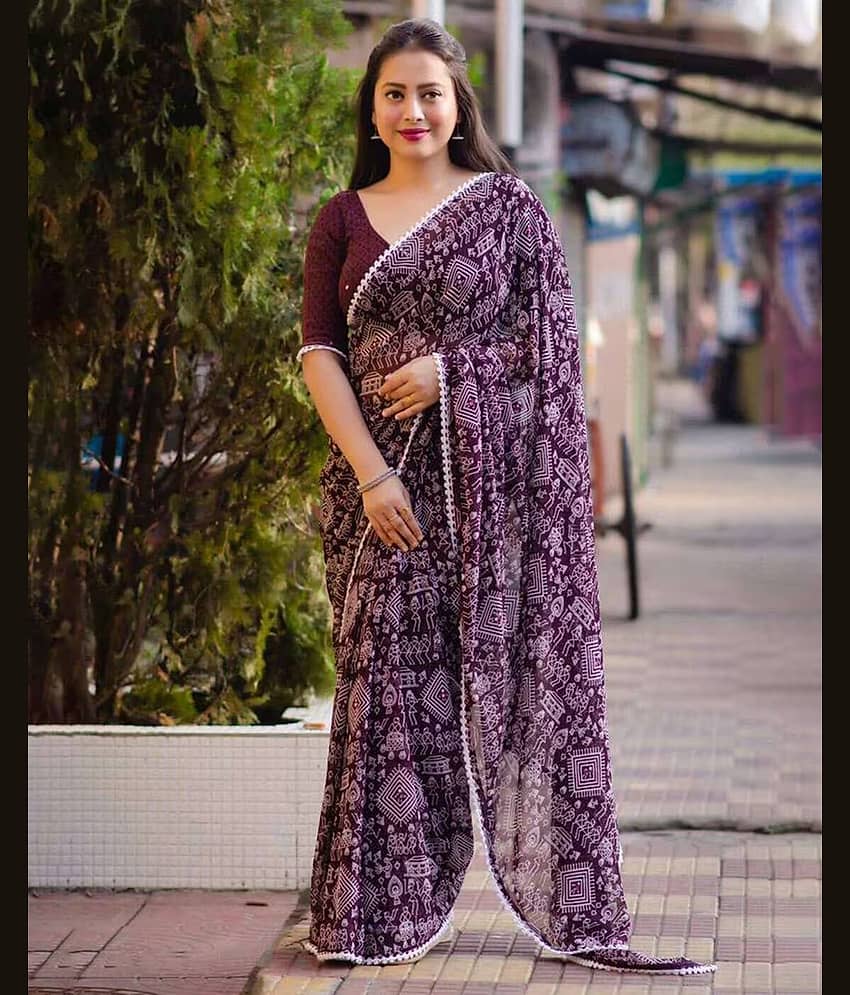 Saadhvi Georgette Printed Saree With Unstitched Blouse Piece ( Red )