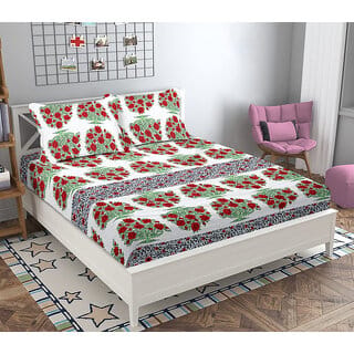 Black Bee  Jaipuri Red Flowers Print  3D Double Bedsheet With 2 Pillow Covers (208 X 213 Cm)(Bs17-03)