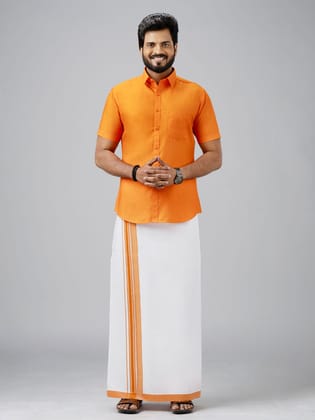 Men's Cotton Orange Matching Shirt with Fancy Printed Border Dhoti Combo Luster Trend-36 / H/S