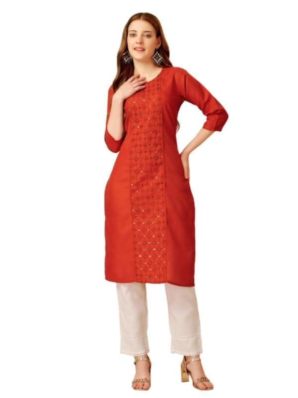 Women's Casual 3-4 th Sleeve Embroidery Cotton Kurti Pant Set (Brown, M)-PID50278