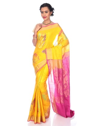 Yellow Kanchipuram Silk Saree with Floral motifs
