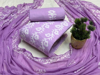 Soft Cotton Hand Blocked Summer Special Batik Dress Material (Unstitched)-Lavender