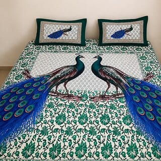 Peacock Printed Double Bedsheet And Pillow Cover