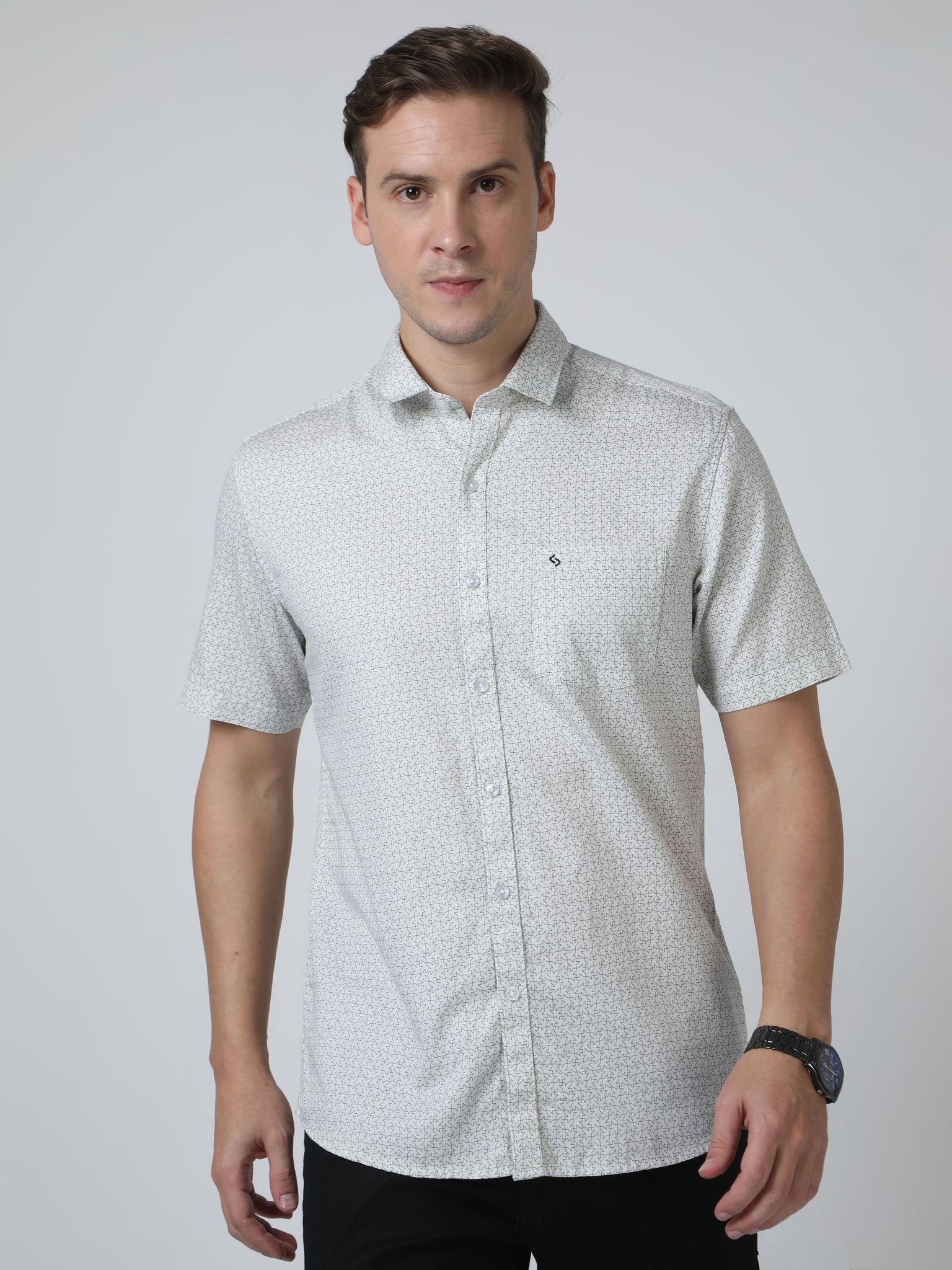 Classic Polo Mens Pure Cotton Half Sleeves Printed Slim Fit Polo Neck Cream Color Woven Shirt | So2-06 B-Hs-Prt-Sf