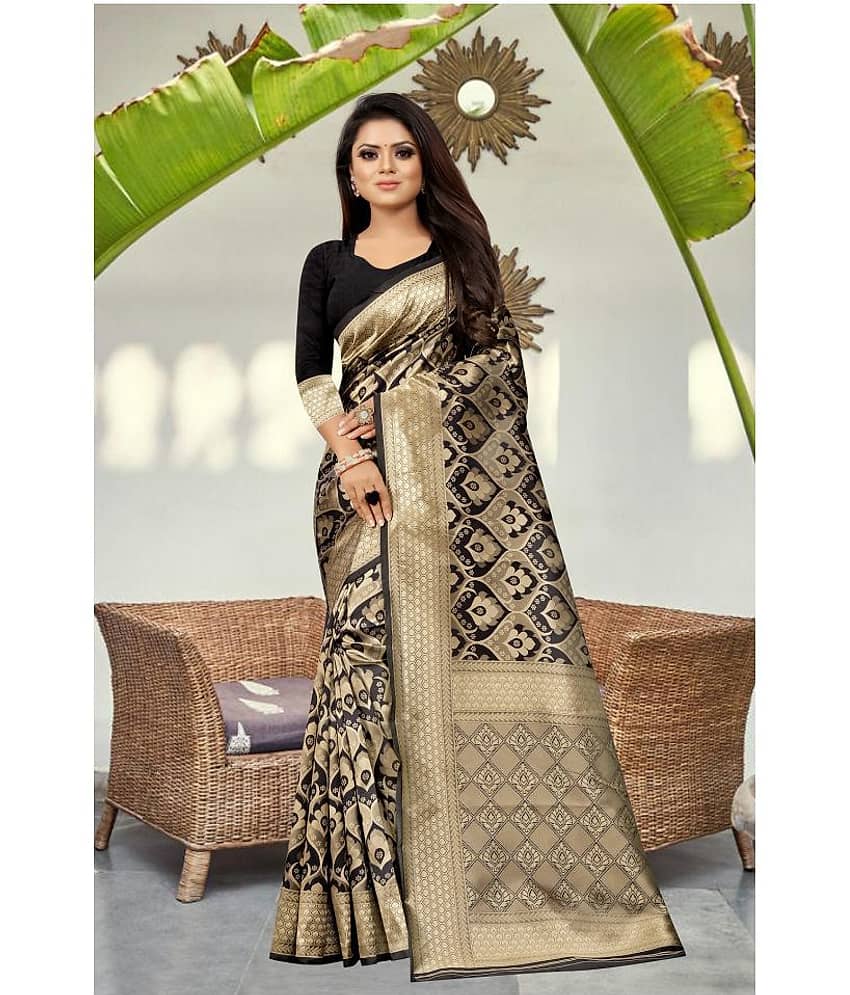 Gazal Fashions Silk Blend Printed Saree With Unstitched Blouse Piece ( Multicolor )