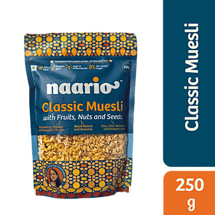 Naario Classic Muesli- Crunchy with Real Fruits, Nuts, Seeds  Fibre Rich  0 Sugar, 250 g Ziplock Packet
