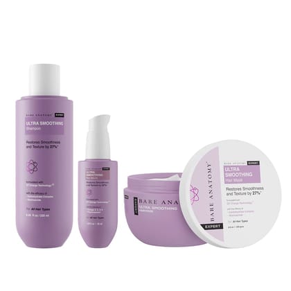 Bare Anatomy Ultra Smoothing Shampoo + Hair Mask + Serum Kit | Restores Smoothing & Texture by 27% | Carbohydrate Complex & Niacinamide | Dry & Frizzy Hair | Paraben & Sulphate Free | Women & Men | 250ml + 250g + 100ml Bare Anatomy Ultra Smoothing Shampo