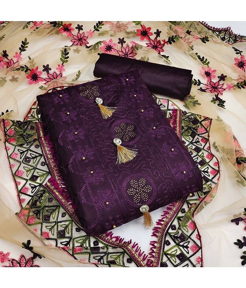 Gazal Fashions Unstitched Cotton Embroidered Dress Material - Purple ( Pack of 1 )
