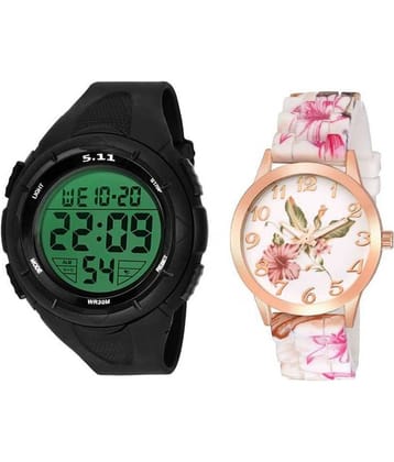 Digital sports men watch with pink floral silicon women watch