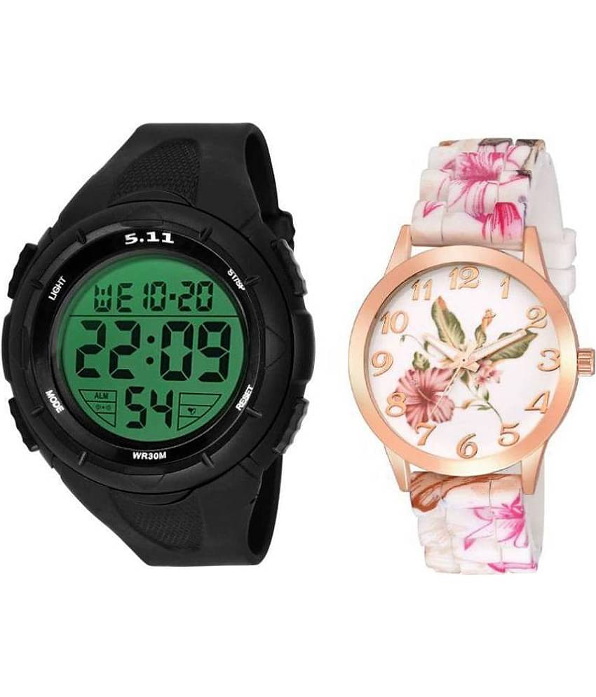 Digital sports men watch with pink floral silicon women watch