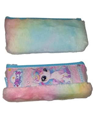 Unicorn Soft Fur Cotton Pouch Multipurpose Pencil Case for Girls Cute Fur Pouch Zipper Closer Storage Bag Travel Pouch Best Gift Pack of 1 (Pink) (Blue)
