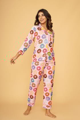 Colorful Donuts Full Sleeve Pyjama Set-S / Pink / Rayon Blend