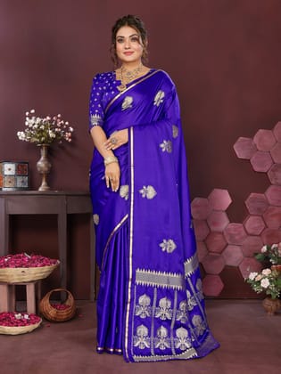 Royal Blue Satin Silk Floral Motifs Zari Weaving Banarasi Saree