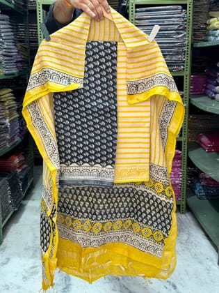 Linen Cotton Suits  Bagru Hand Block Printed Linen Suits With Zari BorderSize:-Top & Dupatta:- Linen Cotton  (2.50+2.50) mtrsBottom :-Cotton 2.50 mtrs..