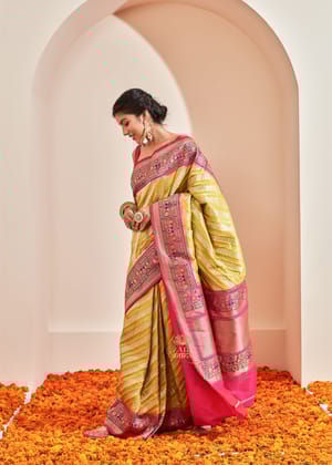 Ikat : Kanjivaram Saree In The Shades Of Green And Pink With A Patola Border