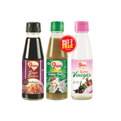 9am Soya Sauce, Green Chilli Sauce & Vinegar - Combo Pack, 600 gm
