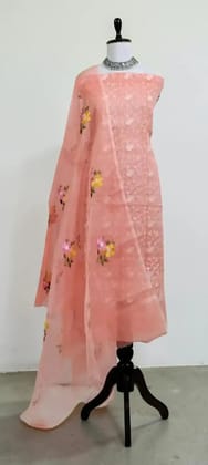 Handwoven Kota Doria Dress Material with Gota Patti Floral Embroidery