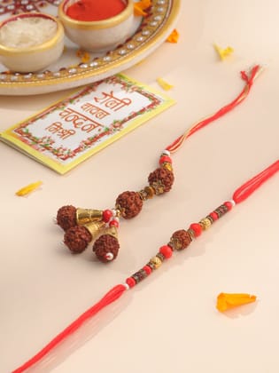 NVR Set of 2 Multicolor Rudraksh & Beads Bhaiya Bhabhi Rakhi with Roli Chawal Chandan & Mishri-One Size / Multicolor