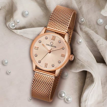 Carlington Elite Ladies Self Adjustable Mesh Strap Water Resistant Analog Watch - For Women CT2005 Rosegold