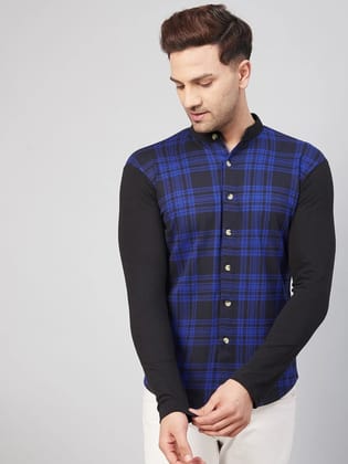 Gritstones Men Blue & Black Check Full Sleeve Cotton Blend Summer Shirts