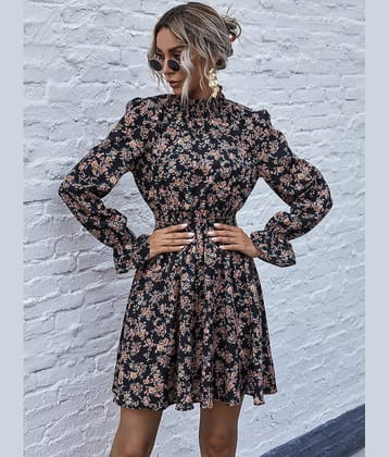 AAPSKA Women Rayon Printed Fit & Flare Dress ( Black )