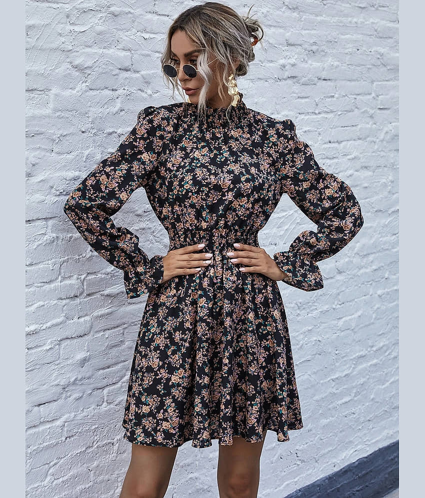 AAPSKA Women Rayon Printed Fit & Flare Dress ( Black )