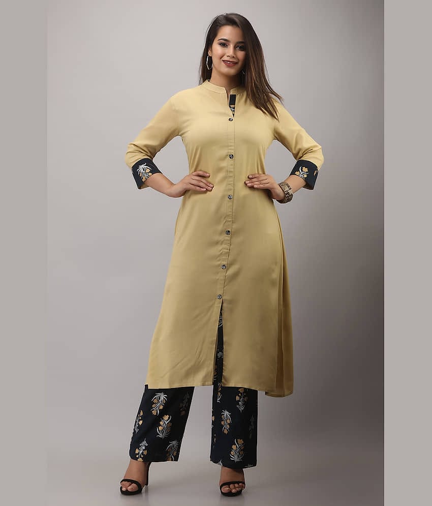 MAUKA Rayon Solid Kurti With Palazzo Women's Stitched Salwar Suit - Beige ( Pack of 1 )