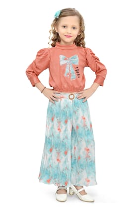 Be:Kids Coral Puff-Sleeve Top and Floral Palazzo Pants Set for Girls