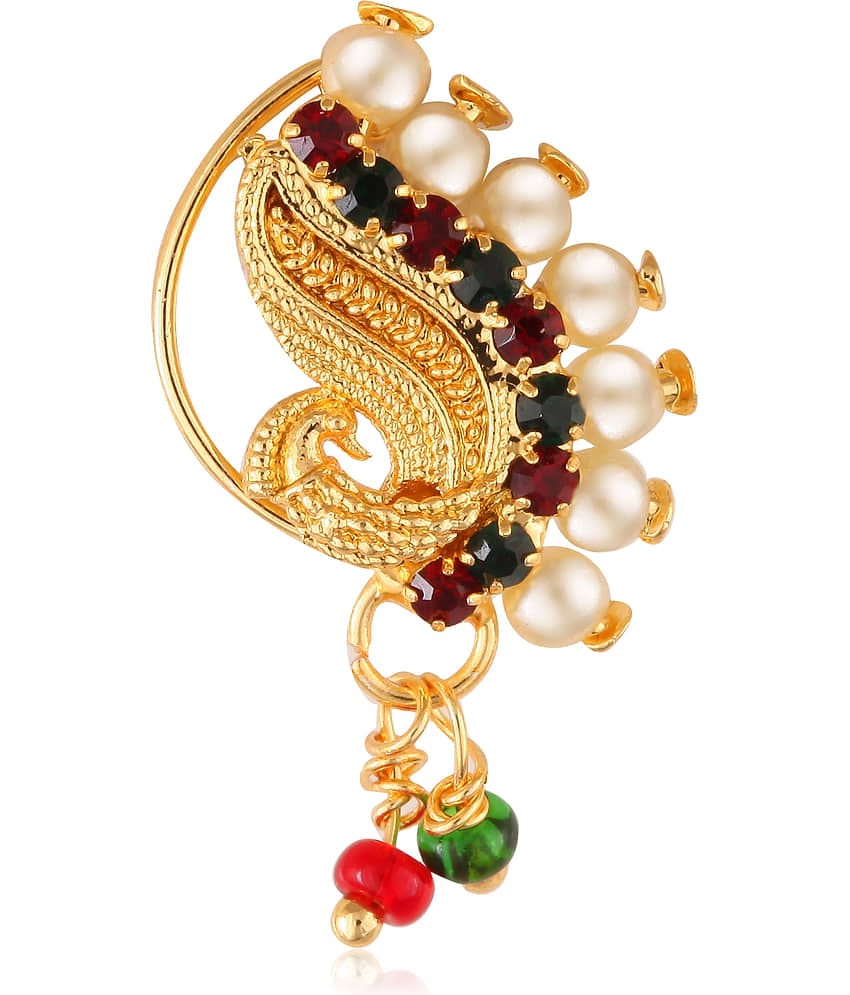 Vighnaharta Gold Plated with Peals Alloy and CZ stone Non Piercing Maharashtrian Nath Nathiya./ Nose Pin for women  [VFJ1080NTH-Press-Multi ]