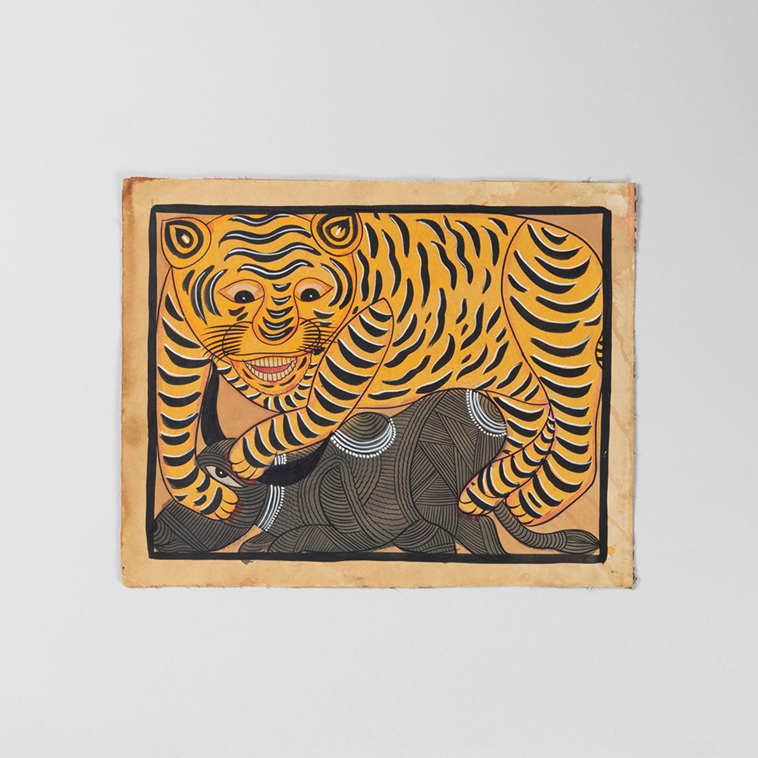 Bengal Tiger Pattachitra Painting 11 x 13.75 Inches ( Unframed )-None / 11 inches x 13.75 inches / Paper