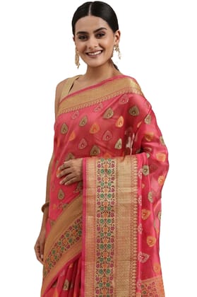 Women's Organza Printed Saree with Unstitched Blouse (Pink, 5-6 Mtrs)